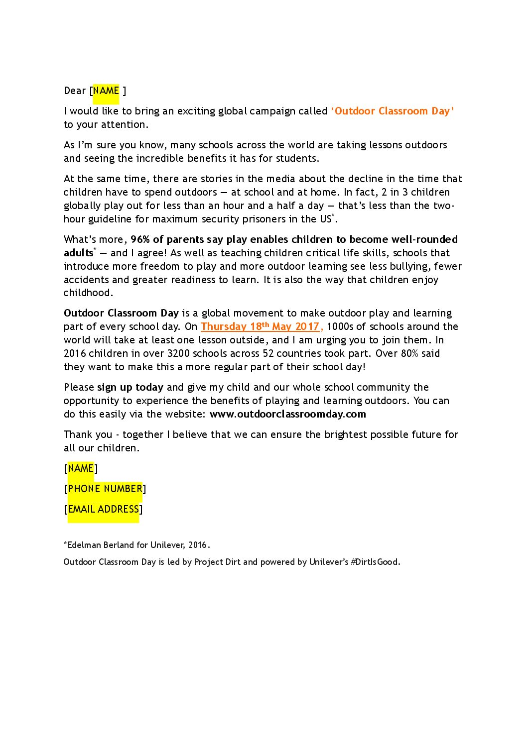 Letter to Schools 2017 Outdoor Classroom Day